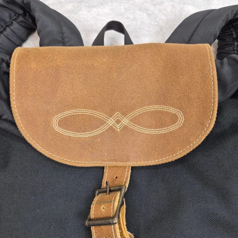 Vintage JanSport Backpack Black Canvas Tan Leather Bottom Rucksack Made in USA